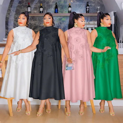 CM.YAYA femmes élégantes sans manches en vrac 3D fleur col rond robe 2025 été moulante rue africaine Midi Maxi robes longues robes