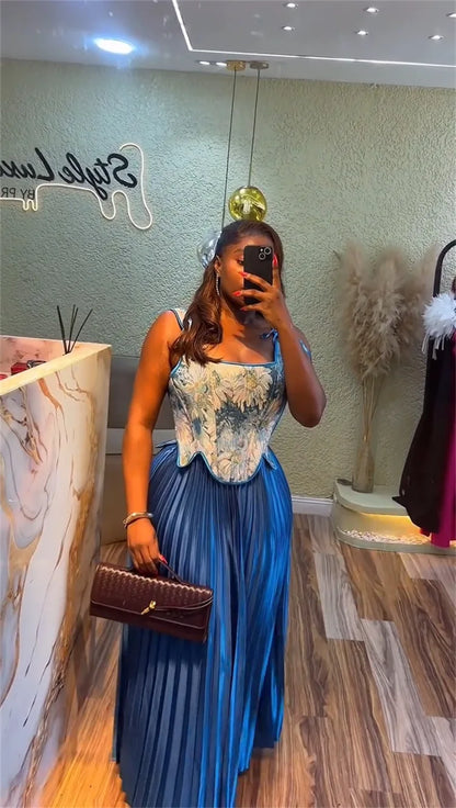 CM.YAYA ensemble femme imprimé fleuri taille cintrée gilet + jupes longues plissées costume 2025 fête soirée rue deux 2 pièces ensemble tenue