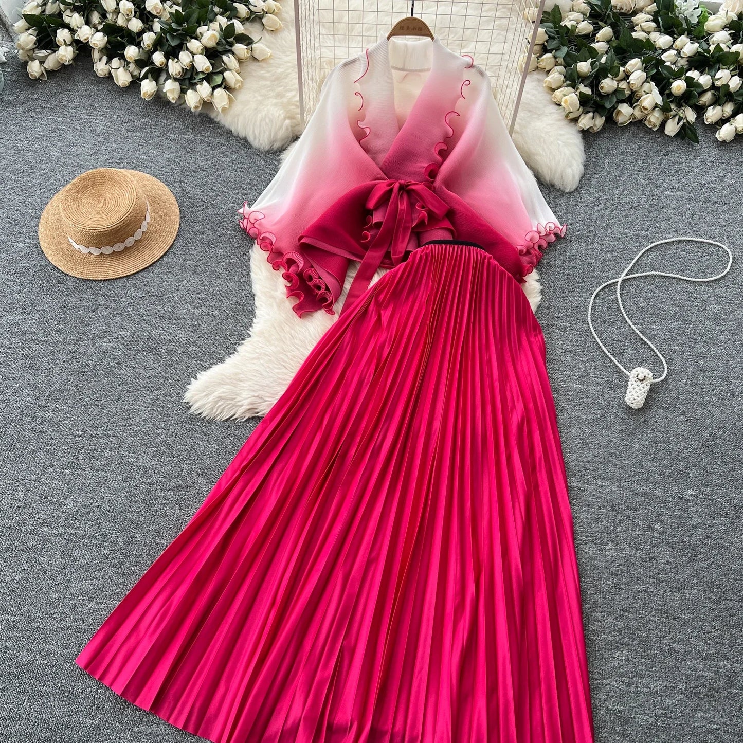 Miyake pli changement progressif couleur bord ondulé costume soleil jupe plissée à la mode et élégant deux pièces ensembles tenues pour femmes