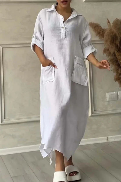 Robe longue en lin à manches longues pour femmes, robe maxi blanche avec poches, élégante, mode décontractée, été, 2024