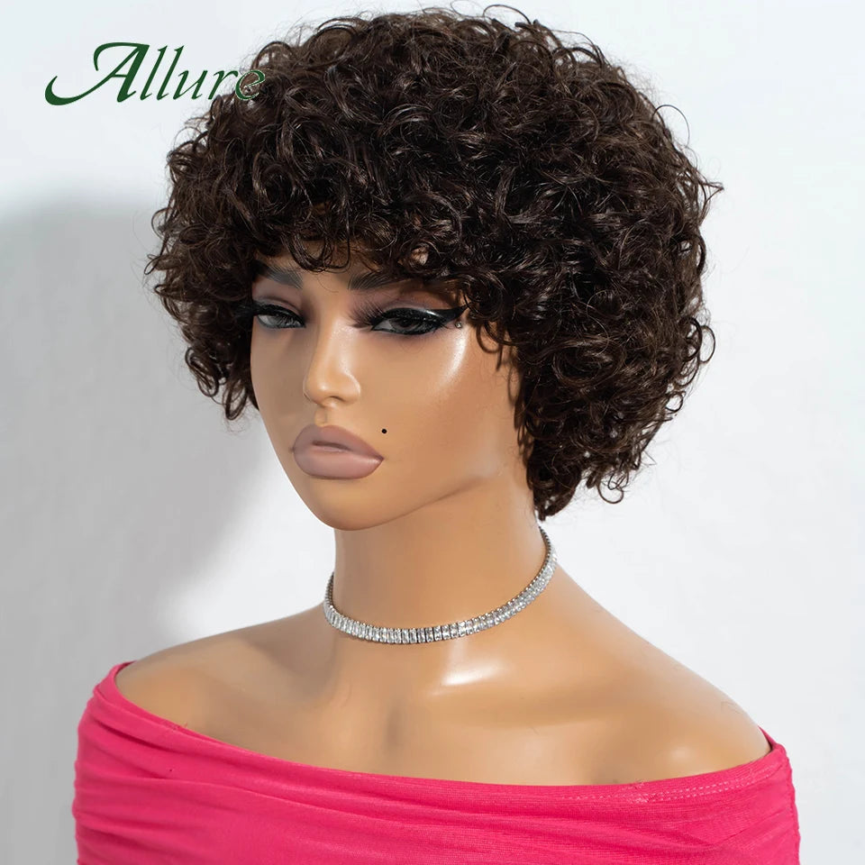 Jerry bouclés perruques de cheveux humains pour les femmes noires 10 pouces court Pixie Afro crépus bouclés perruque avec frange brun couleur cheveux perruques Allure