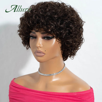 Jerry bouclés perruques de cheveux humains pour les femmes noires 10 pouces court Pixie Afro crépus bouclés perruque avec frange brun couleur cheveux perruques Allure