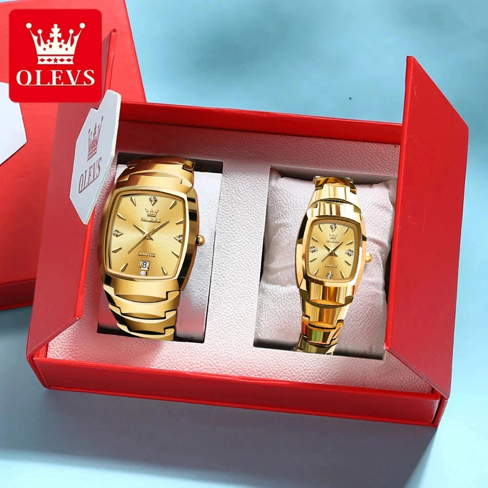 OLEVS-Montre de couple en acier au tungstène Tonneau pour hommes et femmes, marque de luxe, montre à quartz pour amoureux, montre-bracelet étanche, 7006