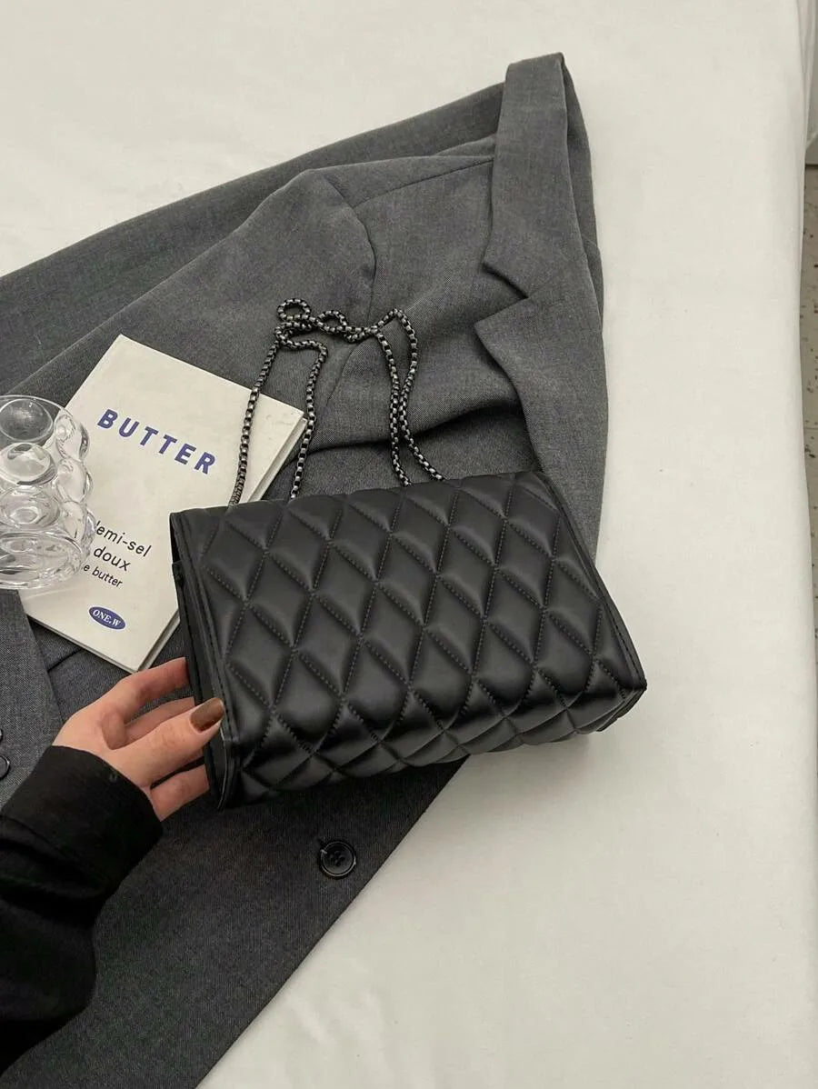 1 sac à bandoulière simple et élégant en grille de diamant, sac à bandoulière avec chaîne en métal, adapté à un usage quotidien de loisirs pour femmes-A-DH