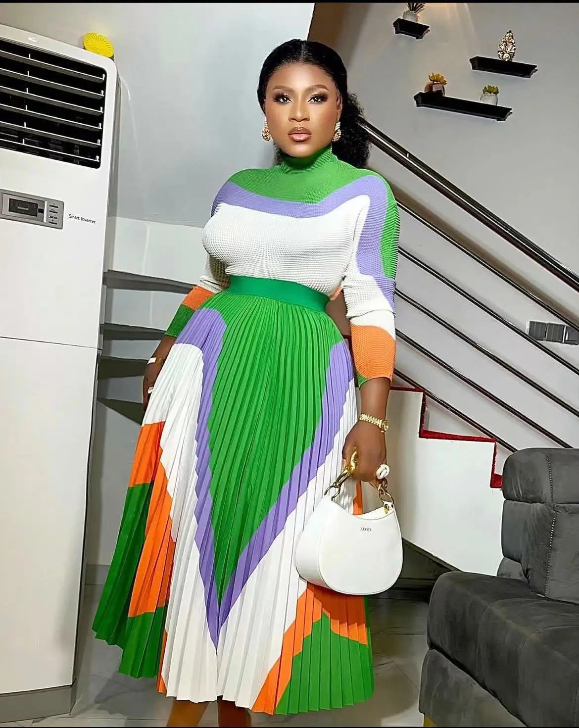 Ensemble haut et jupe plissée à manches longues et col mi-haut assortis, document d'impression ATA Yake, coupe couvertes, été, nouveau, 2024, 2 pièces