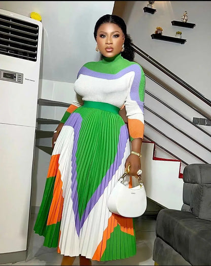 Ensemble haut et jupe plissée à manches longues et col mi-haut assortis, document d'impression ATA Yake, coupe couvertes, été, nouveau, 2024, 2 pièces