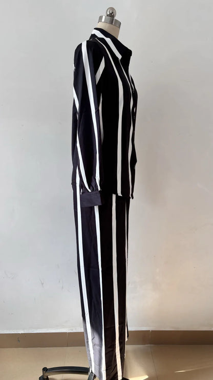 Chemise à manches longues rayée imprimée pour femme, revers élégant, taille élastique, jambe large, pantalon, ensemble 2 pièces, mode automne, nouveau, 2024