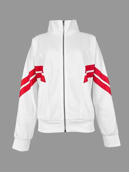 Onecozyday-Manteau à Manches sulfet Col Haut pour Femme, Vêtement Décontracté à Fermeture Éclair, Rayures Latérales, Pantalon Droit Ajusté, Tenue d'Automne