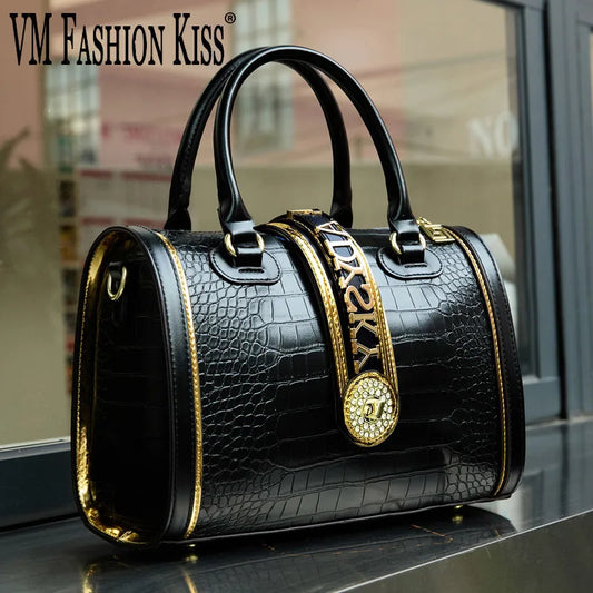 Sac à bandoulière classique rétro pour femmes, sac à main Boston Crocodile en relief, décoration de lettres, sac à poignée supérieure de haute qualité