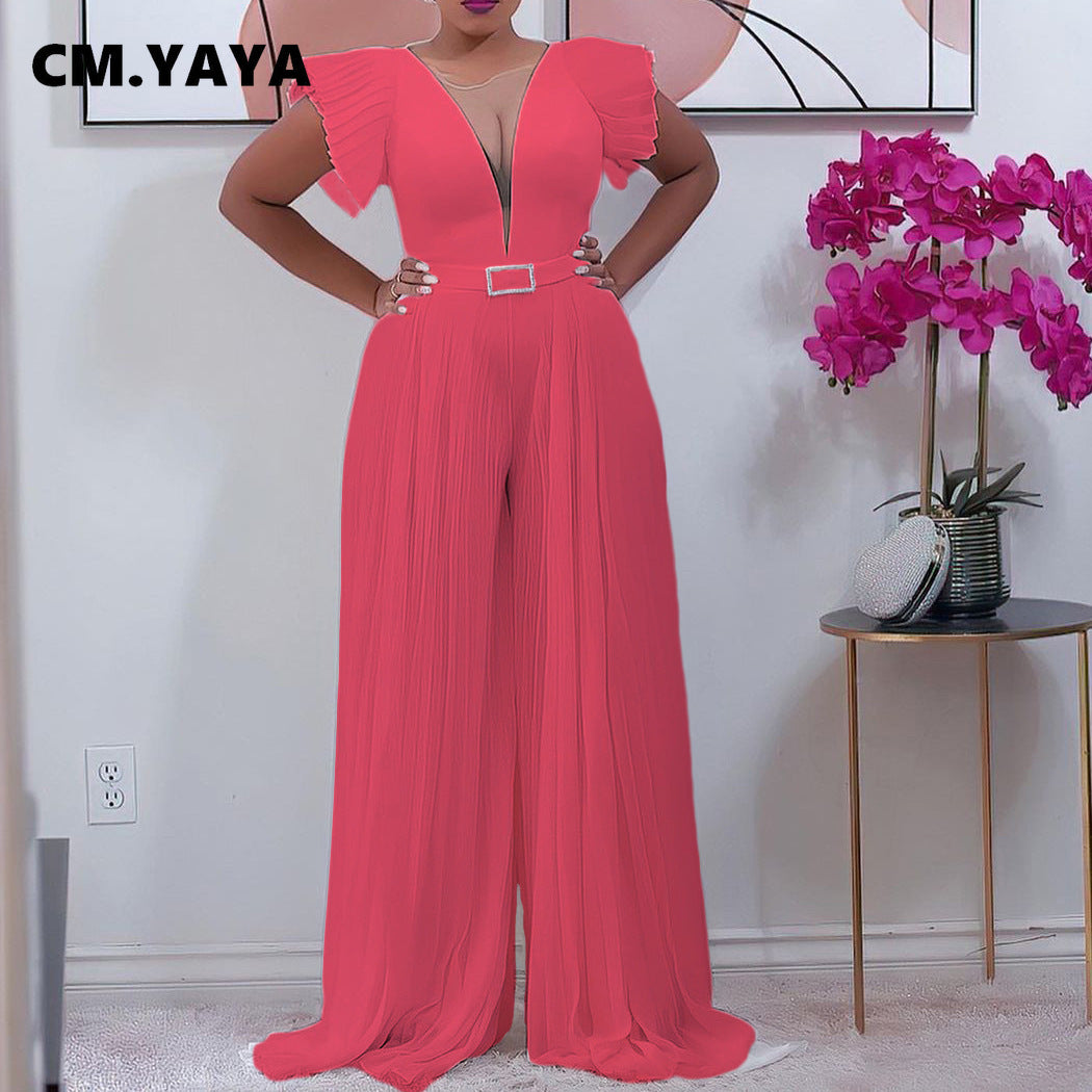 Combinaison élégante en maille patchwork plissée pour femme, jambe large, taille haute, col en V, manches évasées, combishort de fête, été 2022