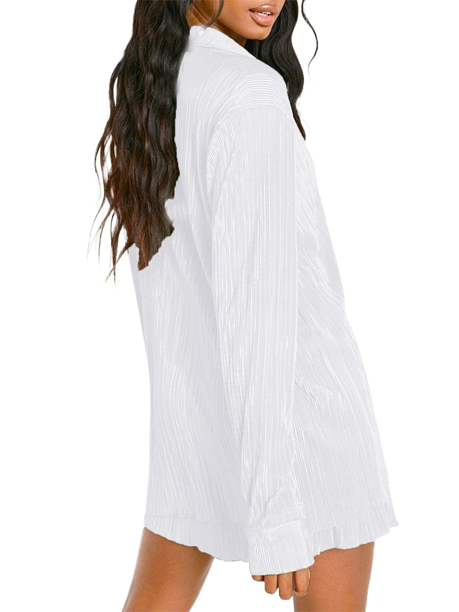 Ensemble de vêtements décontractés pour femmes, chemise froncée à manches longues, boutonnée et short, 2 pièces