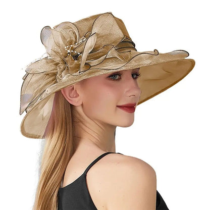 Chapeau Derby à fleurs de couleur unie pour femmes, en Organza à large bord, à volants, chapeau de soleil pliable, Protection UV, pour fête de thé, mariage
