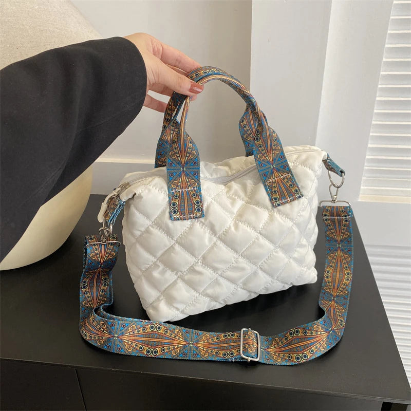 Sac à main à large ceinture pour femmes, automne/hiver, espace losange, sac à bandoulière en coton, grande capacité, fourre-tout de Shopping assorti