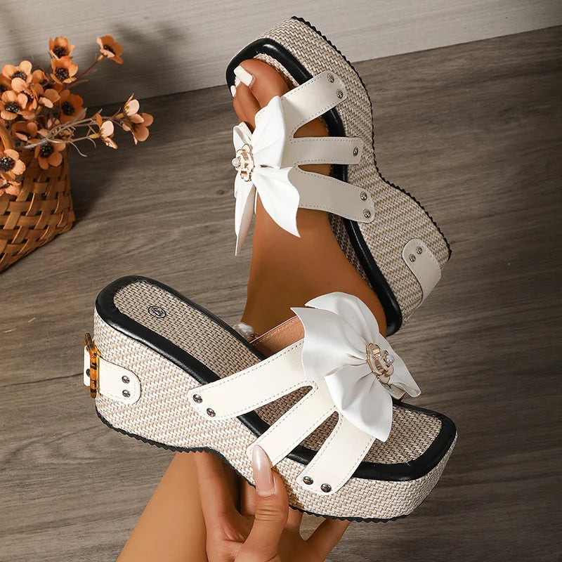 Pantoufles à plateforme épaisse avec nœud papillon pour femmes, Design à boucle, diapositives à fond épais, nouvelles sandales à talons compensés à bout carré