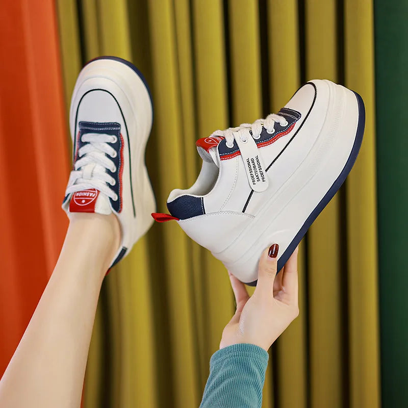 Fujin-Chaussures à l'offre elles compensées en cuir véritable pour femme, grosses chaussures blanches de 9cm, à la mode, automne et été