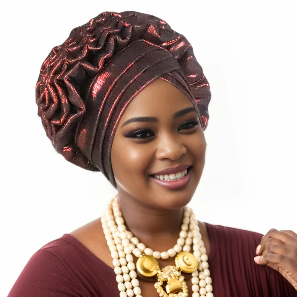 Turban Plissé à Paillettes pour Femme, Cravate de Sauna, Enveloppe la Tête, ixde Mariage Africaine Nigériane