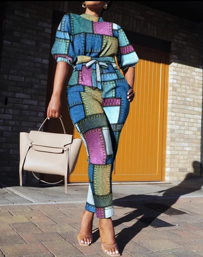 ChimStreet-Ensemble de pantalons décontractés pour femmes, manches ChimSeven, imprimé à la mode, taille à lacets, vêtements de printemps et d'automne, nouveau