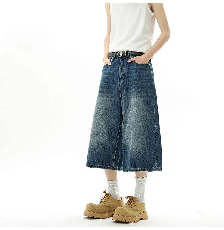 Short en Denim Baggy pour hommes, mode rétro décontractée, ample, jambes larges, longueur mollet, Streetwear Y2K, Style coréen