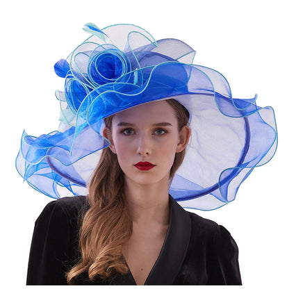 Femmes élégantes chapeau de soleil Organza Fedoras été chapeaux de soleil femmes Kentucky Derby large bord casquette de plage mariage Cocktail thé fête chapeaux