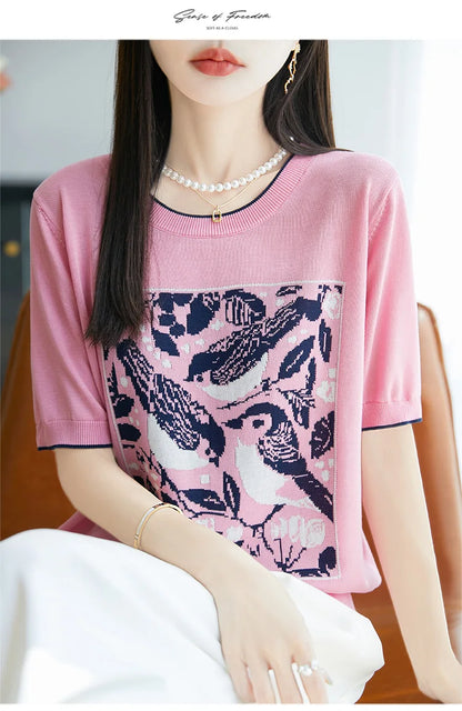 2025 été nouveau 100% Lyocell femmes à manches courtes décontracté col rond jacquard dessin animé T-shirt lâche hauts en tricot pull t-shirts cool