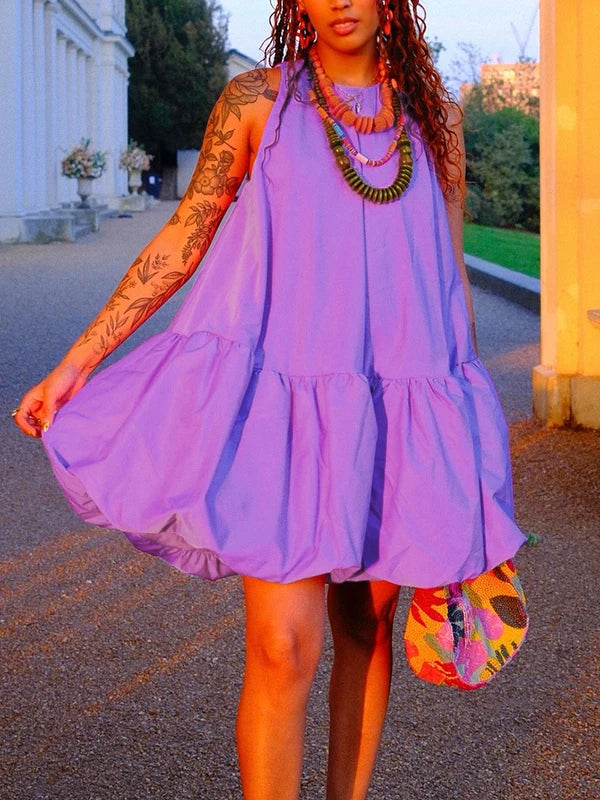 Krisstargirl femmes été bulle Mini robe 2025 taille haute sans manches jupe évasée coton robes courtes décontractées pour femme