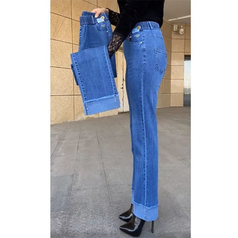 Jean femme d'âge moyen printemps automne taille extensible pantalon en Denim droit grande taille ample taille haute décontractée noir bleu pantalon