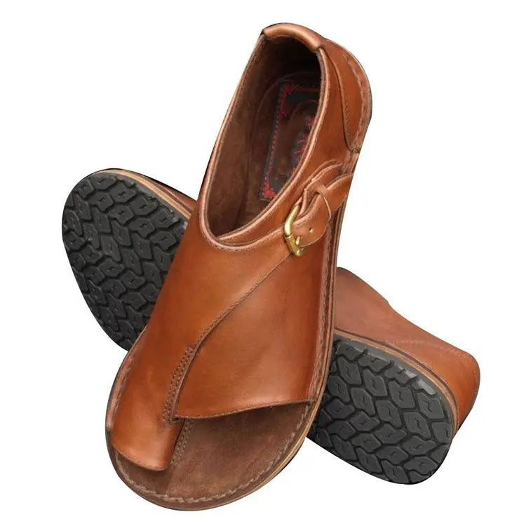 Femmes sandales chaussures d'été pour femmes rétro en cuir PU Peep Toe femmes pantoufle 2025 nouvelle plage boucle sangle plat Sandalias De Mujer