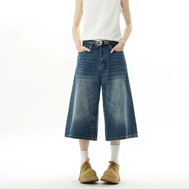 Short en Denim Baggy pour hommes, mode rétro décontractée, ample, jambes larges, longueur mollet, Streetwear Y2K, Style coréen