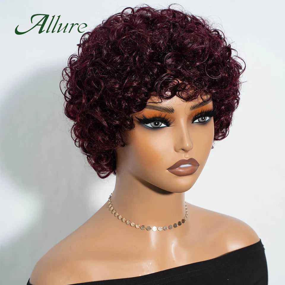 Jerry bouclés perruques de cheveux humains pour les femmes noires 10 pouces court Pixie Afro crépus bouclés perruque avec frange brun couleur cheveux perruques Allure