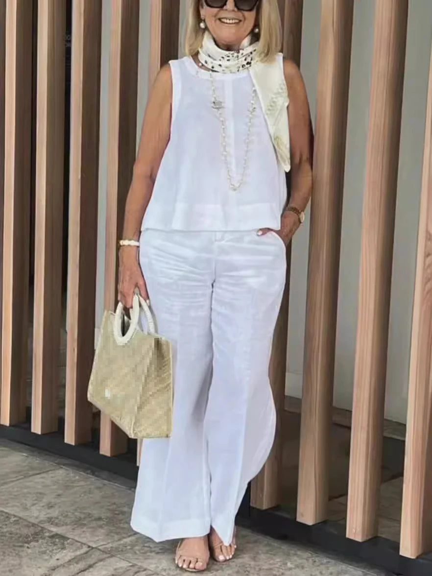 Costumes simples en coton et lin pour femmes, mode d'été, chemisier ample sans manches, pantalon à jambes larges, ensemble deux pièces pour femmes, tenues décontractées