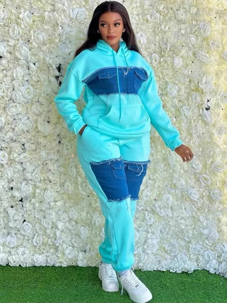 Ensemble 2 pièces pour femmes, vêtements africains Dashiki, nouvelle mode printemps-automne, haut en Denim à manches longues et pantalon, costume de fête, ensembles assortis