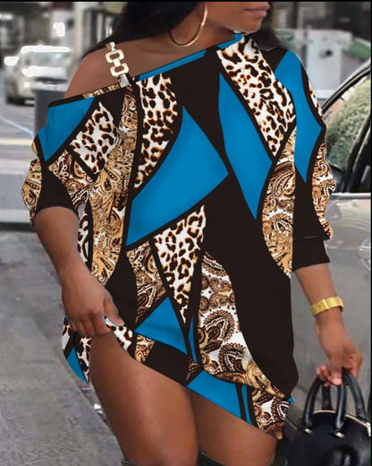 Mini robe imprimée décontractée pour femmes, mode, coupe ample, col diagonale ajouré, manches longues, robes de soirée courtes, Club, automne