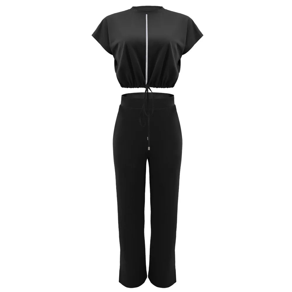 Femmes décontracté col rond cordon à manches courtes haut et taille haute pantalon ensemble été solide deux pièces costume ensembles tenues ensemble femme