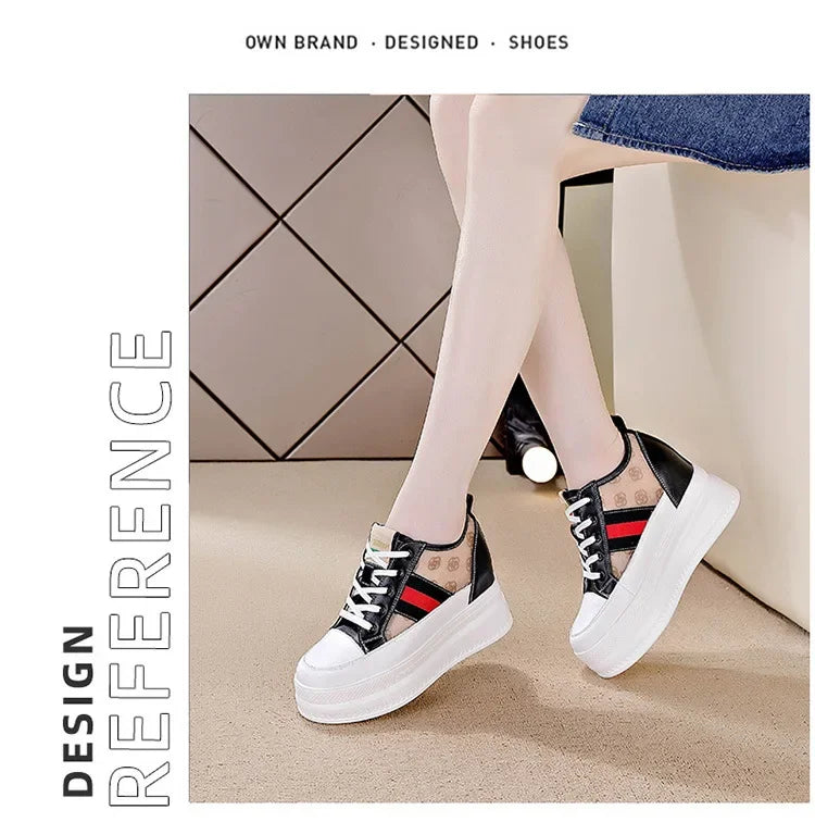 9cm femmes chaussures grosses baskets Air maille évider en cuir véritable blanc chaussures compensées plate-forme talon pompes Mujer Bombas