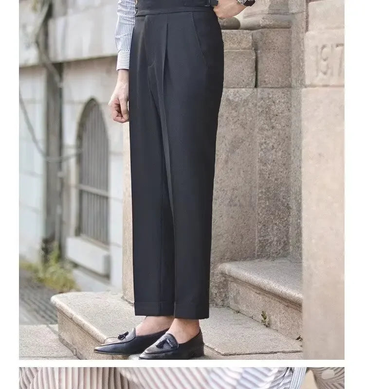 BS Vintage taille haute hommes décontracté pantalon droit Smalltrousers affaires britanniques Paris boucle blanc pantalon Long