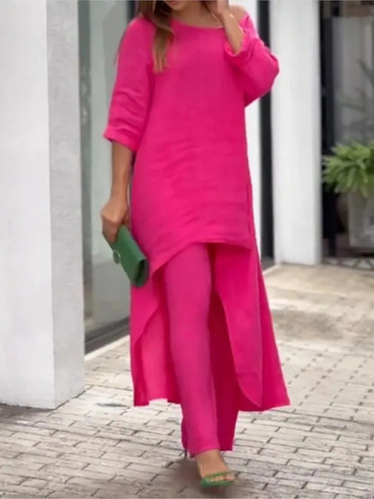 BERAKAH SUPREME - Ensemble pantalon Long en coton et lin pour femmes, mode solide, décontracté, hauts irréguliers, jambes larges, costumes de bureau, ensemble deux pièces, vêtements