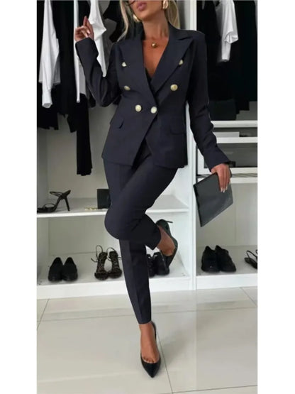 Mode Double boutonnage à manches longues costume ensemble femmes nouveau automne hiver coupe ajustée petite jambe pantalons longs femme bureau 2 pièces ensemble