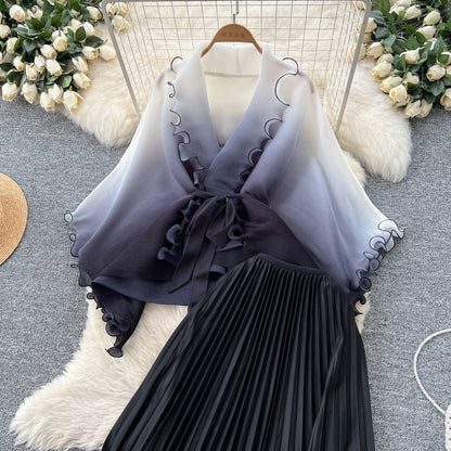 Miyake pli changement progressif couleur bord ondulé costume soleil jupe plissée à la mode et élégant deux pièces ensembles tenues pour femmes