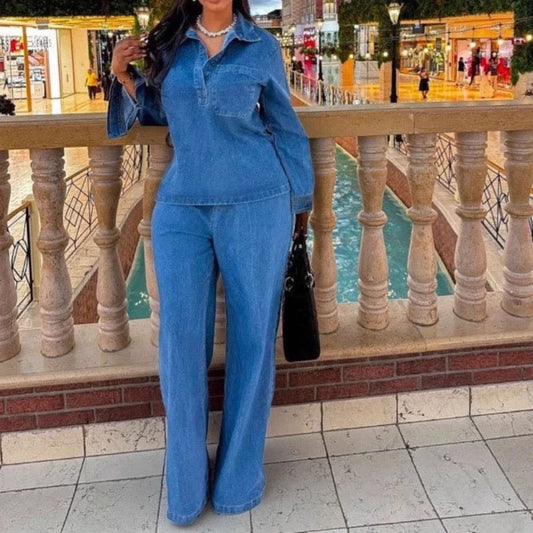 Ensemble pantalon en Denim pour femmes, ensemble deux pièces assorti, Streetwear décontracté, chemise ample, jambes larges, pantalons longs, taille haute, jean maman Y2k