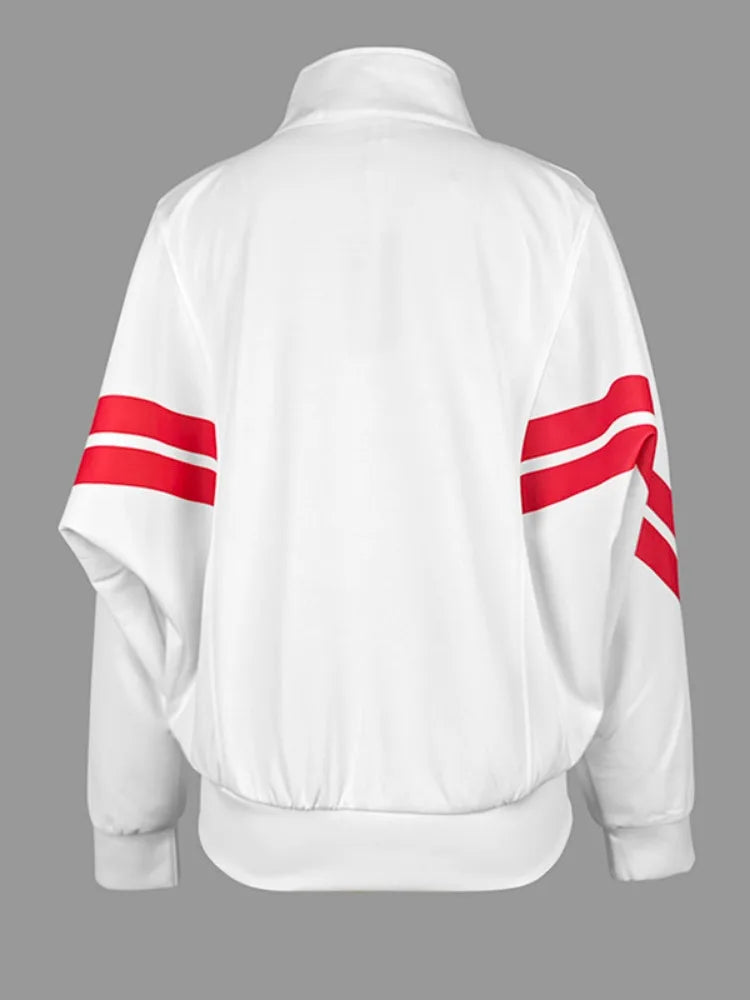 Onecozyday-Manteau à Manches sulfet Col Haut pour Femme, Vêtement Décontracté à Fermeture Éclair, Rayures Latérales, Pantalon Droit Ajusté, Tenue d'Automne