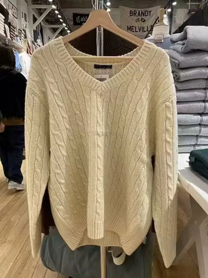 Pull Vintage à fleurs torsadées pour femme, col en V, manches longues, Style Preppy, décontracté, Streetwear, haut Chic, automne