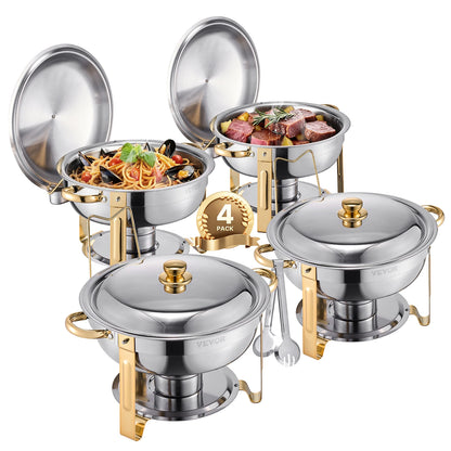 SucceBuy Lot de 4 boîtes à frire pour buffet, chafer en acier inoxydable avec poêle ronde pleine grandeur, serveur chauffant pour restauration, pour banquets de fête