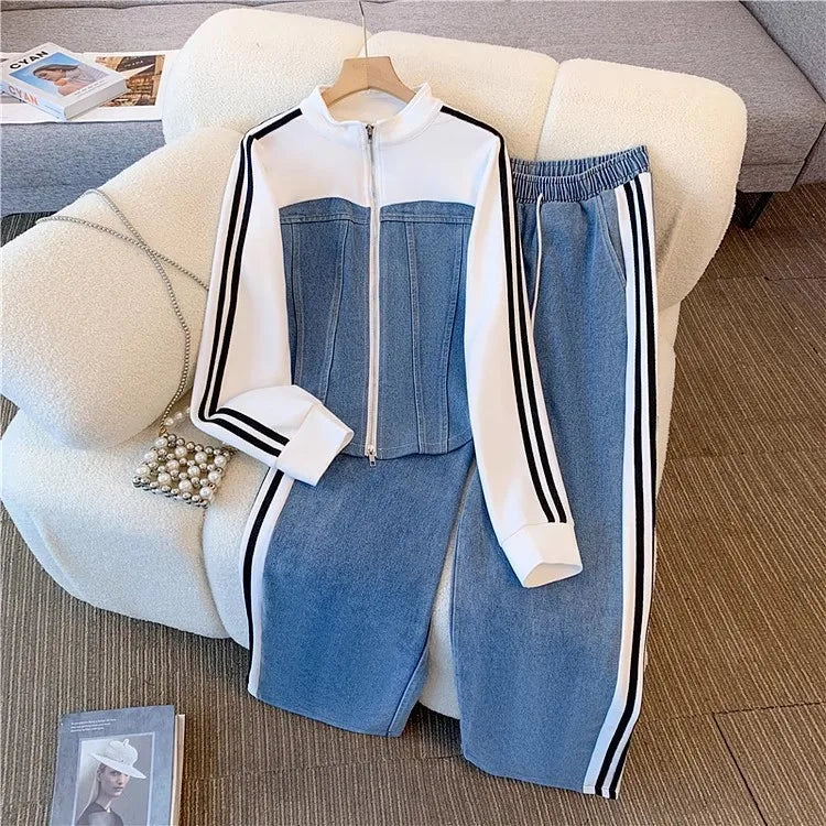 Ensemble pantalon femmes deux pièces ensembles Denim épissure fermeture éclair ensembles assortis manteaux décontractés jambe large pantalons longs à lacets taille élastique 2025