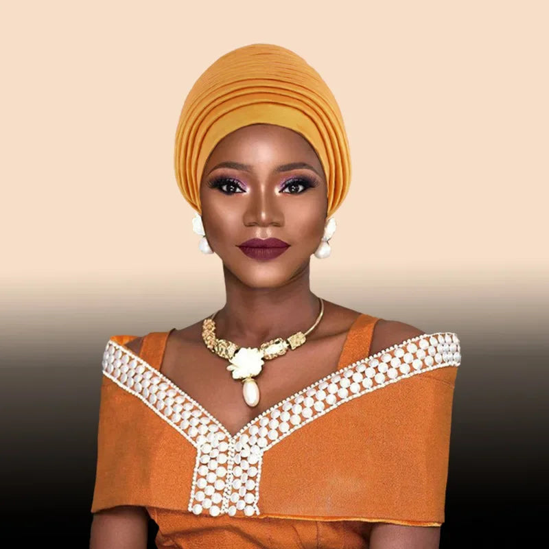 Turban Africain Plissé pour Femme, Déjà Fait, Cravates de Sauna, Bonnet Auto Gele, Hijab Musulman, Mariage Nigérian, Chapeau Rond