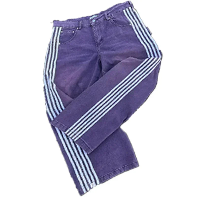 High Street Vintage rayé brodé taille haute jean hommes femmes pantalons décontractés Harajuku Hip Hop rue baggy jambes larges jean