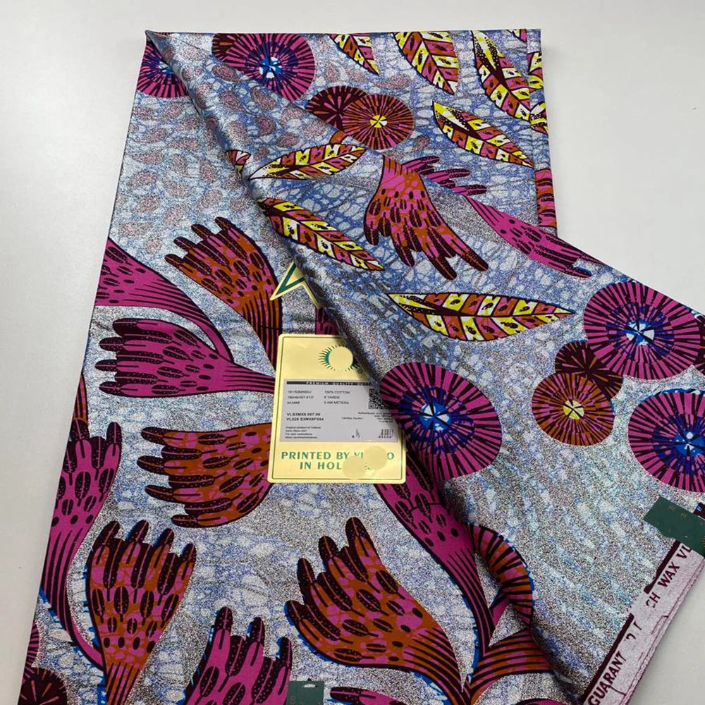 Tissu africain en cire de coton, très bonne qualité, nouvelle grande cire Ankara brillante Pagne, couleur grise, brillant doré, trucs Batik, 6 mètres