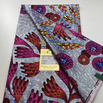 Tissu africain en cire de coton, très bonne qualité, nouvelle grande cire Ankara brillante Pagne, couleur grise, brillant doré, trucs Batik, 6 mètres