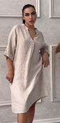 Robe mi-longue en coton et lin à col en V pour femmes, robes décontractées à manches courtes, poche, monochromatique, document, mode, printemps, été, 2025