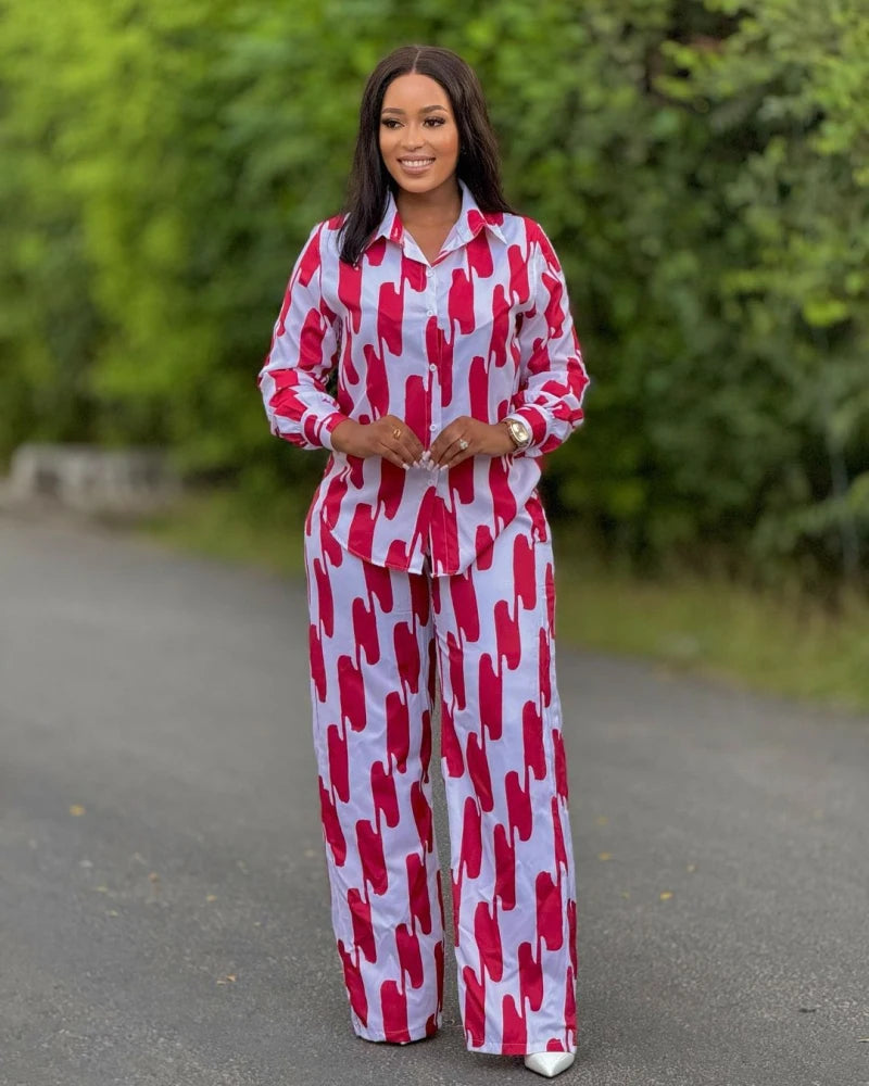 Ensemble deux pièces imprimé à rayures pour femmes, mode africaine, décontracté, boutons, manches longues, chemise, jambes larges, pantalon, printemps automne
