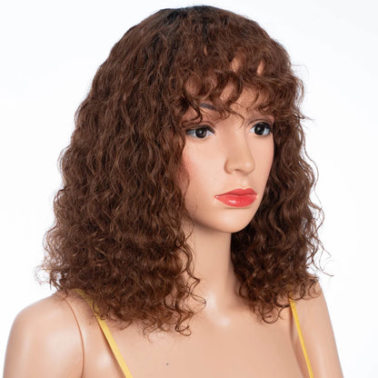 Lekker couleur courte Pixie Afro crépus bouclés Bob 100% perruques de cheveux humains avec frange pour les femmes brésilien Remy cheveux Ombre brun perruques